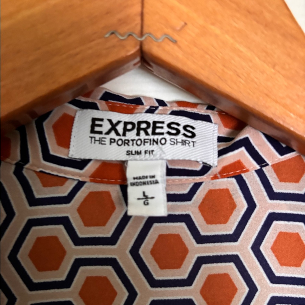 Express Portofino Shirt in Orange, Navy & White Hexagon Print - Picture 4 of 4
